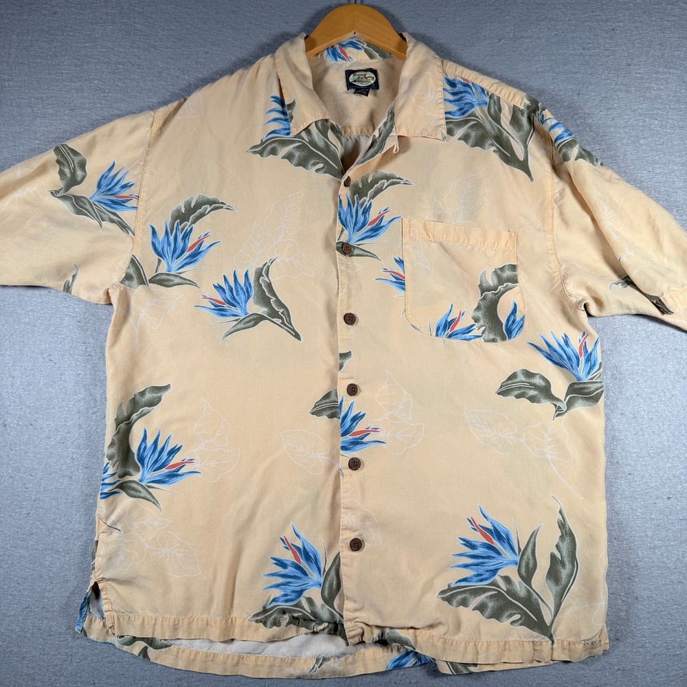 Tommy Bahama Mens XL Peach Bird of Paradise Floral Rayon Short Sleeve Camp Shirt